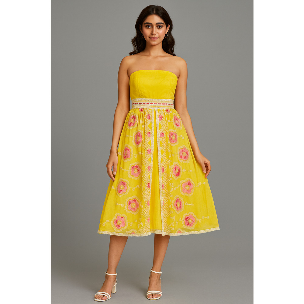 Cynthia Steffe Dress Womens 12 Yellow Strapless Embroidered Floral Countrycore